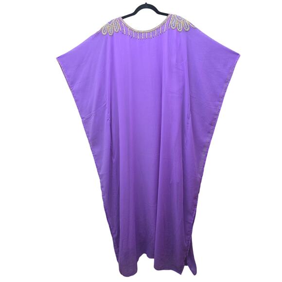 Indian Maxi Kaftan Dress Rhinestone Beaded Purple Chiffon Kimono Bohemian Boho - Picture 2 of 12